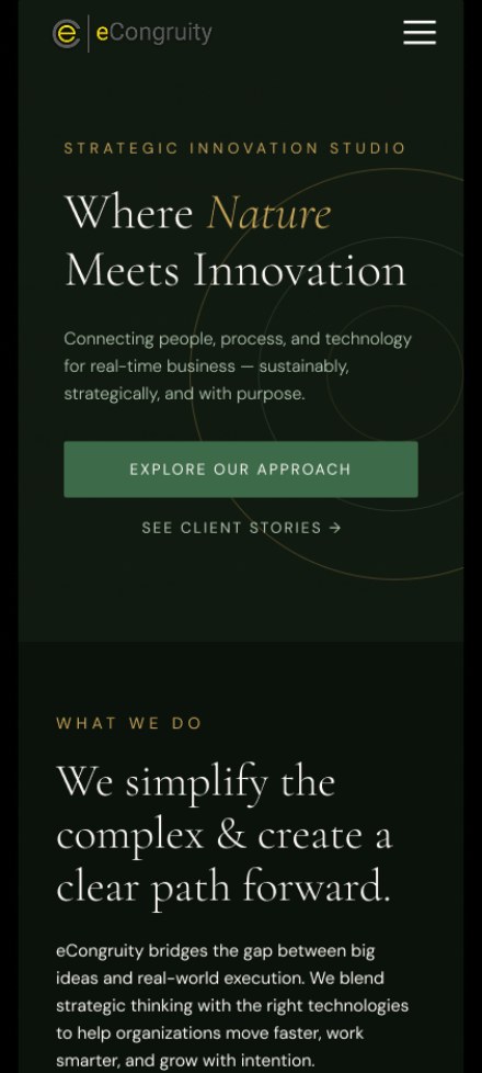 eCongruity home page on mobile, dark mode